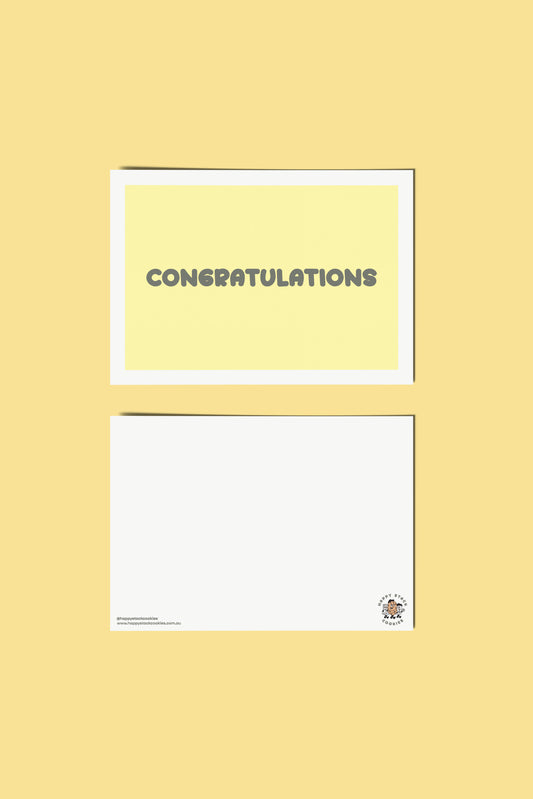 Happy Stack Cookies congratulations card showing front and back side on a yellow background.