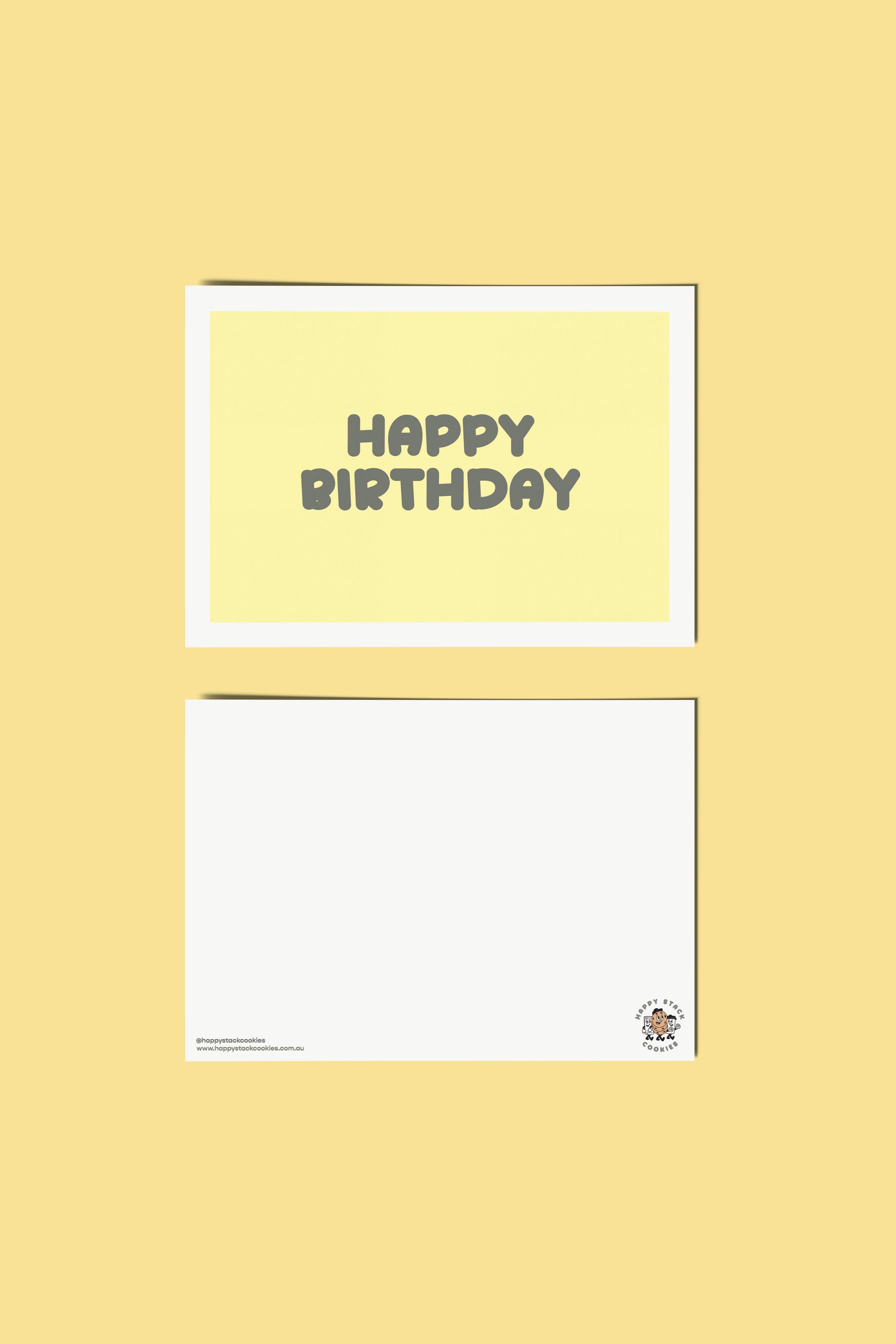 Happy Stack Cookies happy birthday card showing front and back side on a yellow background.