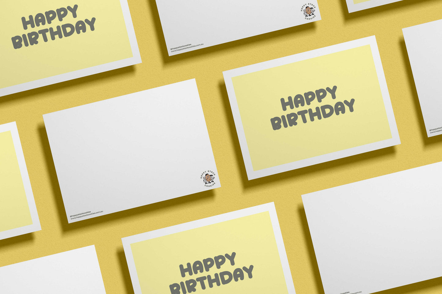 Happy Stack Cookies card showing front and back side on a yellow background.