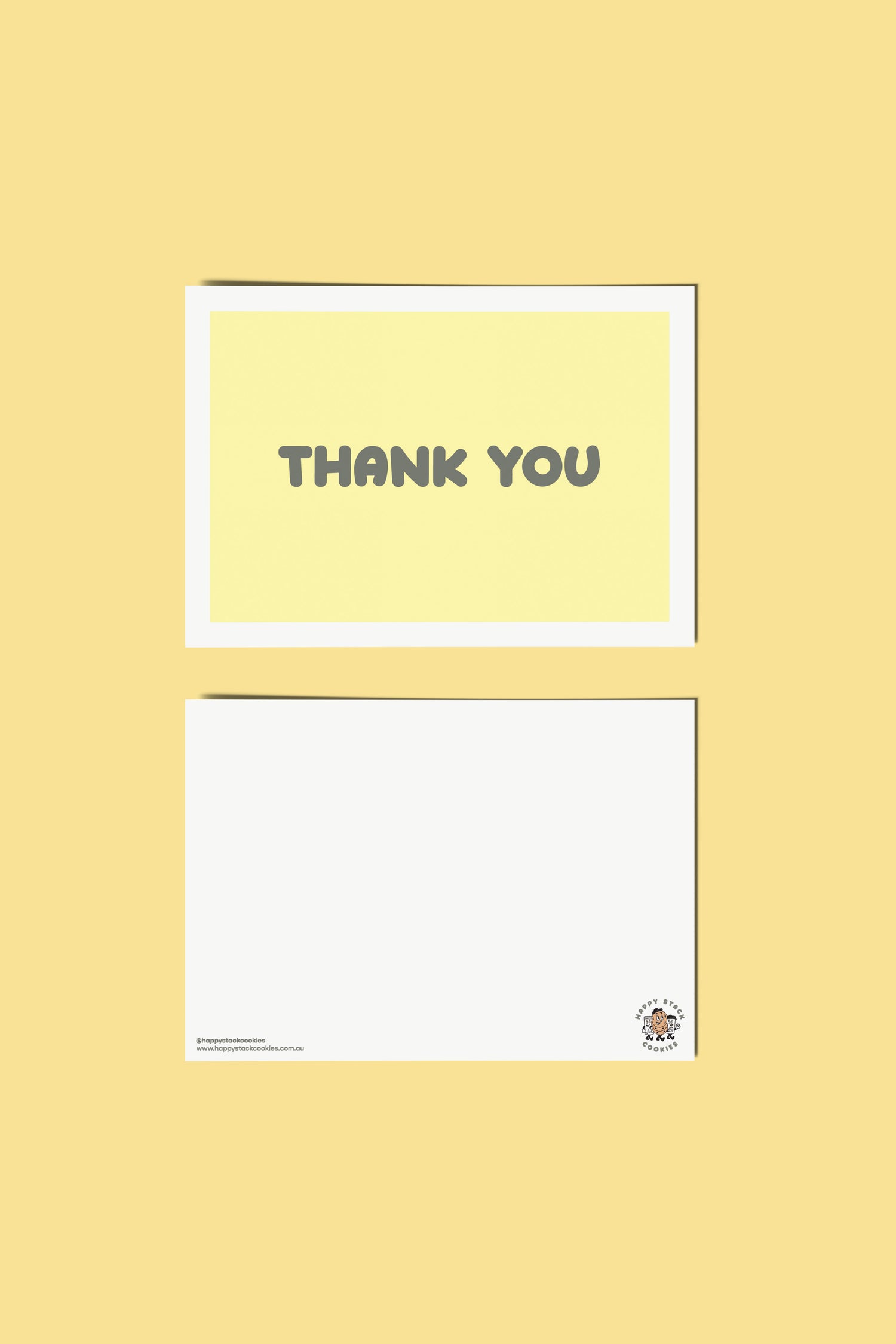 Happy Stack Cookies thank you card showing front and back side on a yellow background.