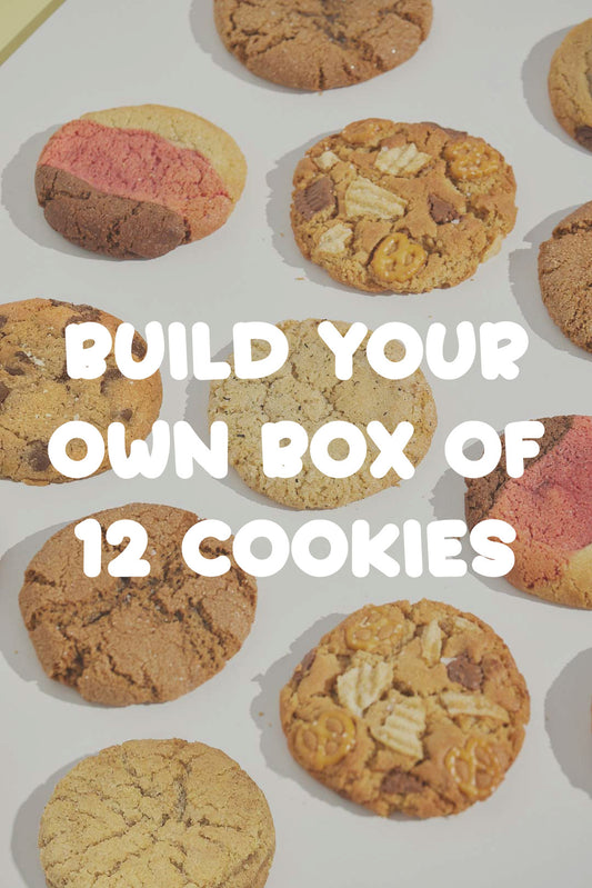 Cookie filled background with "build your own box of twelve cookies" text.